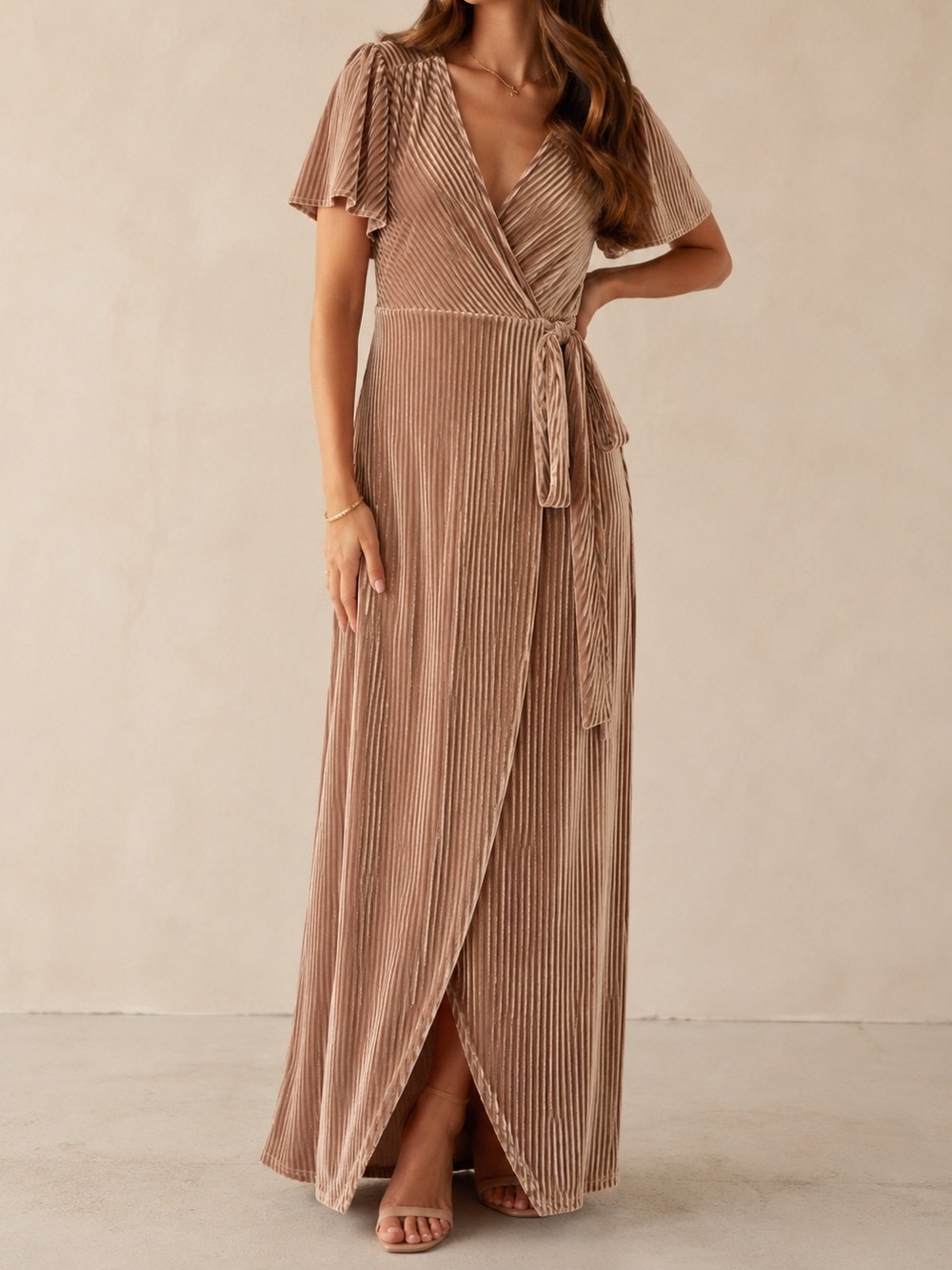 Baltic Born Andi Ribbed Velvet Wrap Maxi Dress XL Champagne Gold Short Sleeve